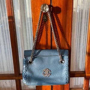 Authentic Roberto Cavalli Embossed Leather Blue Shoulder Bag